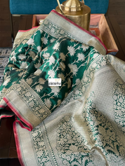 Pure Silk Banarasi - Green Red Antique Golden Zari