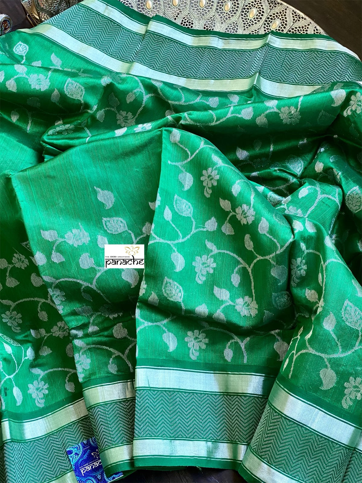 Pure Chanderi Silk - Green Silver Zari