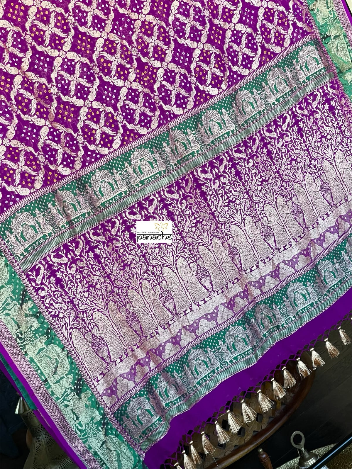 Bandhej Khaddi Georgette Banarasi - Purple Green