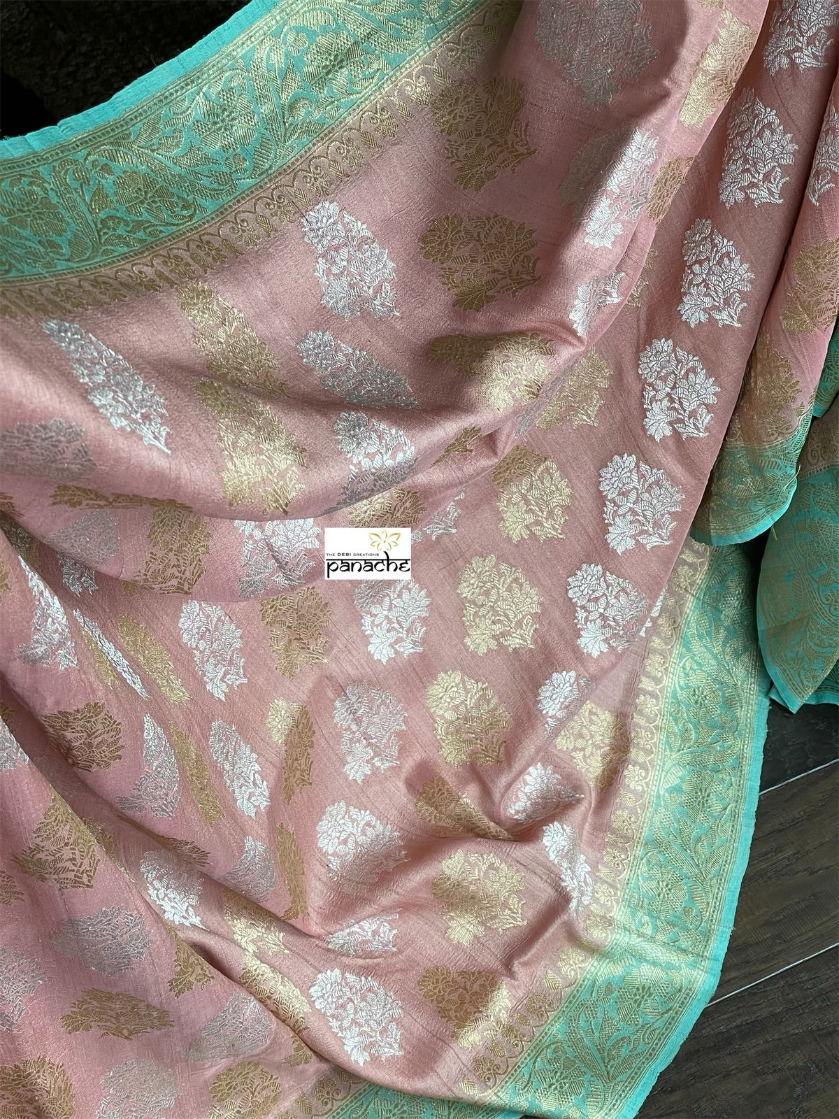 Tussar Georgette Banarasi- Peach Pink Sea Green