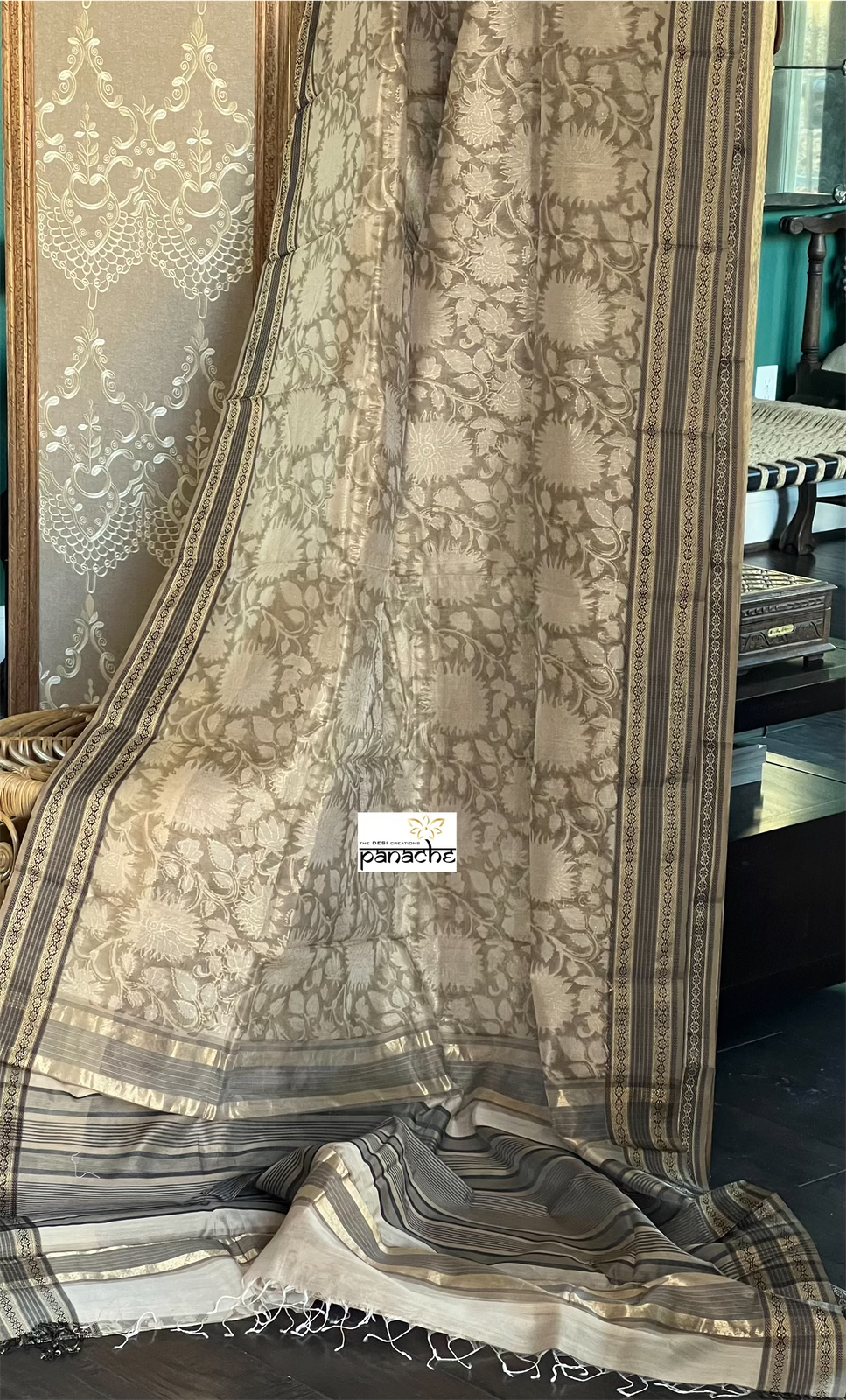 Maheshwari Cotton Silk Printed - Moss Grey Black