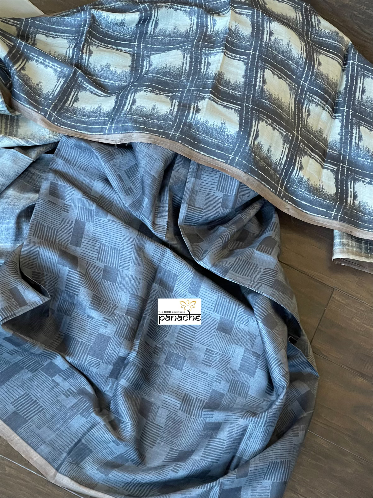 Pure Tussar Silk - Black Grey Printed