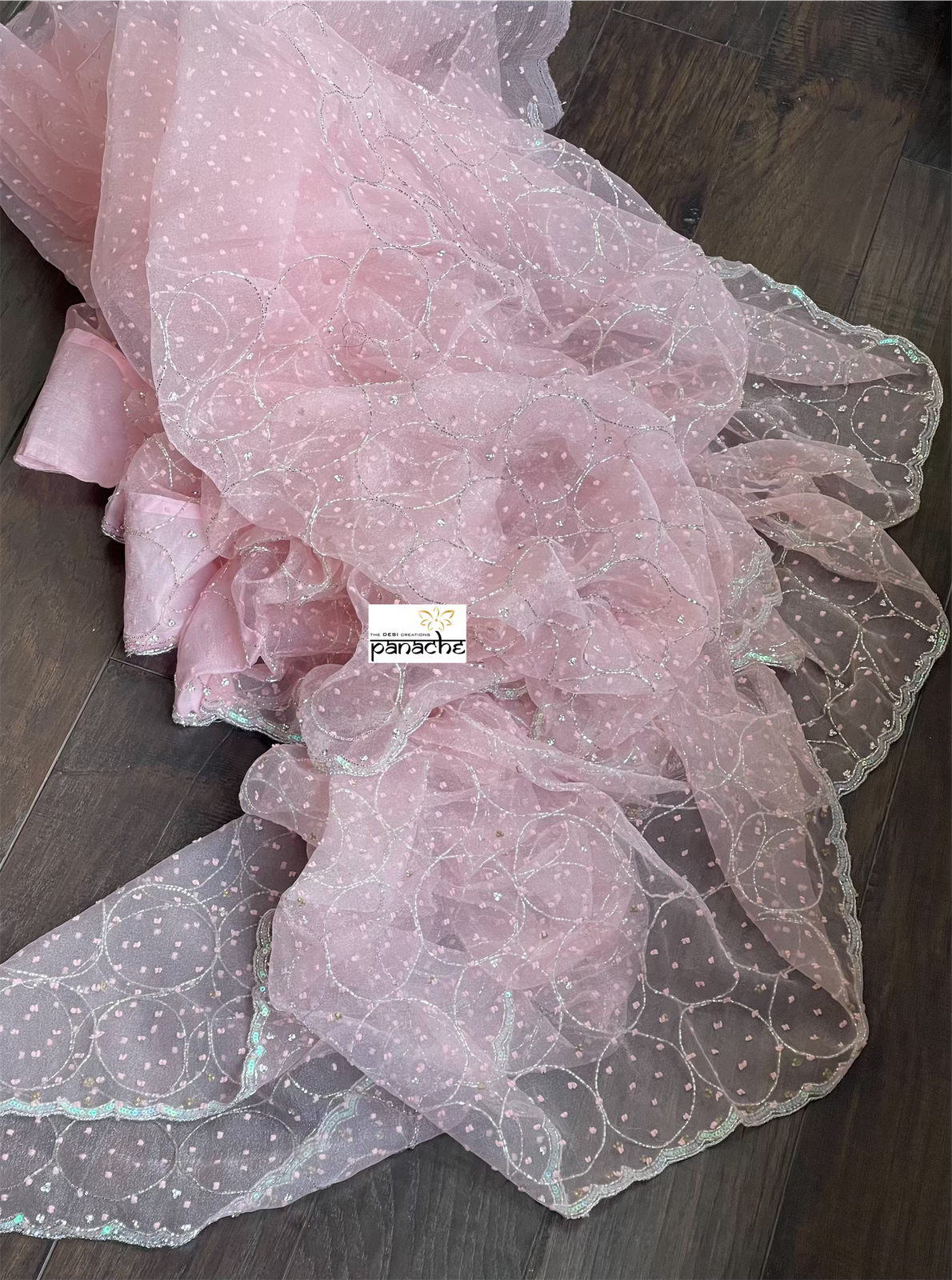 Designer Organza -  Pink Hand Embroidered