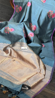 Pure Katan Silk Banarasi - Bluish Grey Purple