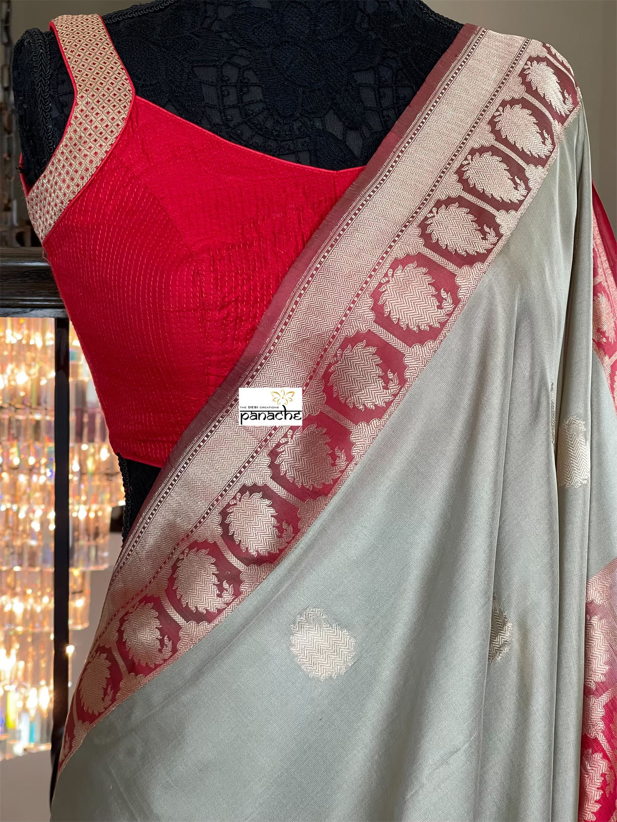 Pure Katan Silk Banarasi - Grey Red