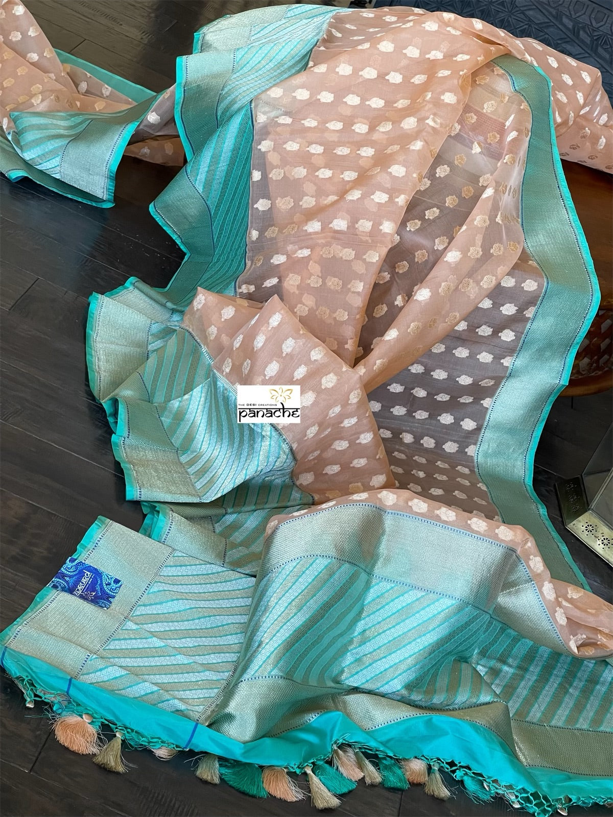 Organza Silk Banarasi - Light Peach Sea Green Antique Zari