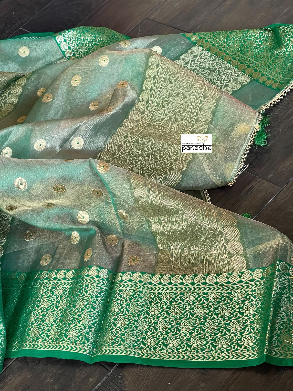 Tissue Chanderi Silk - Green Golden Zari