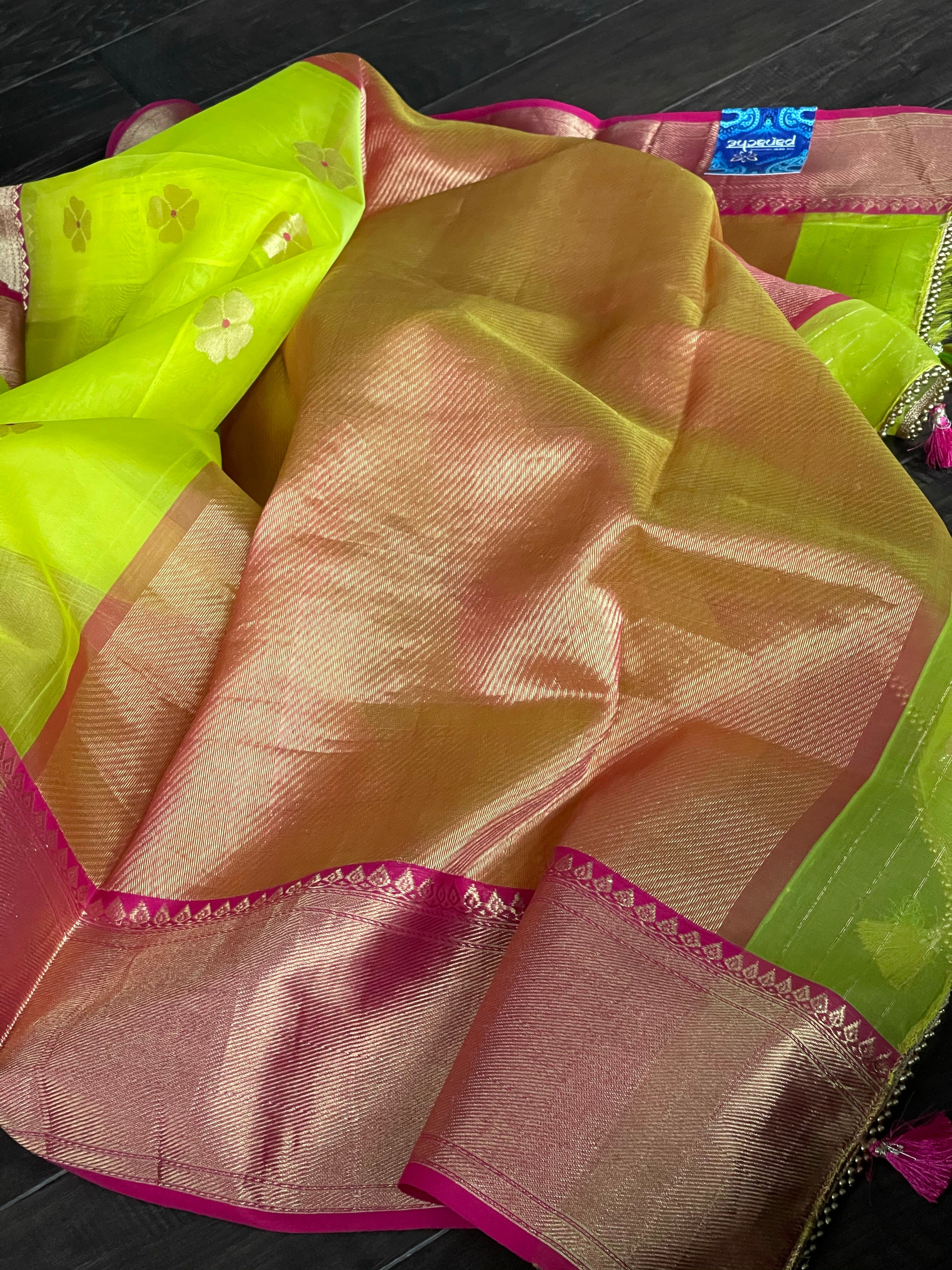 Chanderi Organza Silk - Neon Green Magenta Meenakari