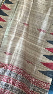 Gicha Tussar Silk Printed - Beige Red Black