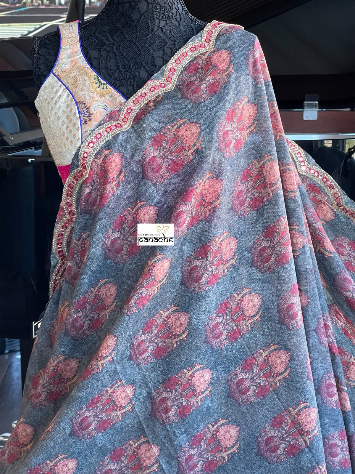 Designer Jute Silk - Grey Orange Printed