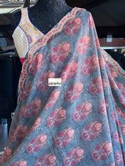 Designer Jute Silk - Grey Orange Printed