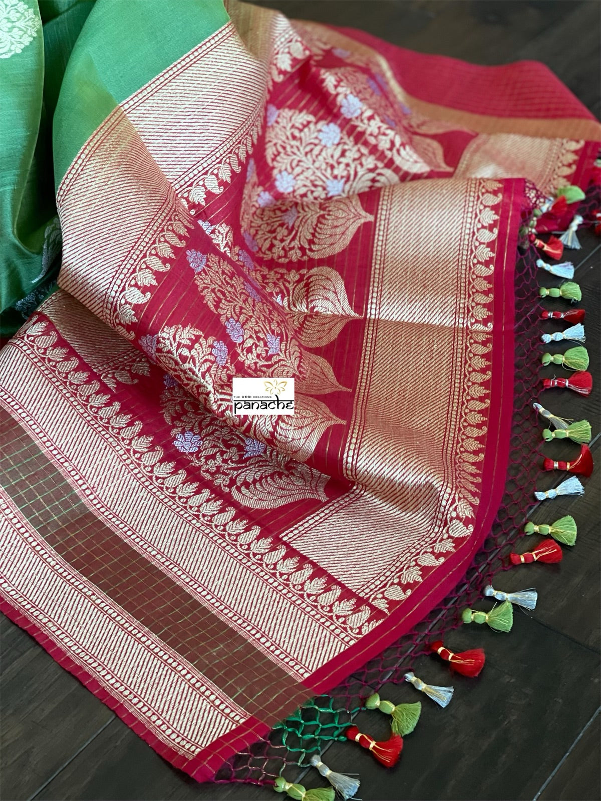 Tussar Silk Banarasi - Green Red Zari checkered