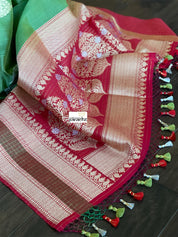 Tussar Silk Banarasi - Green Red Zari checkered