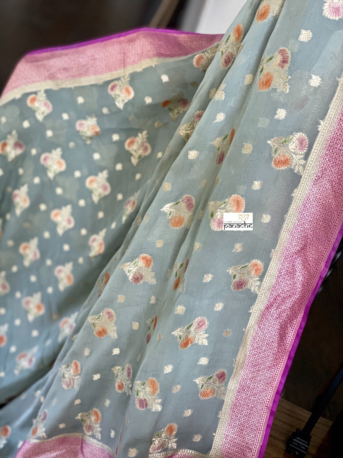 Khaddi Georgette Banarasi - Silver Grey Meenakari