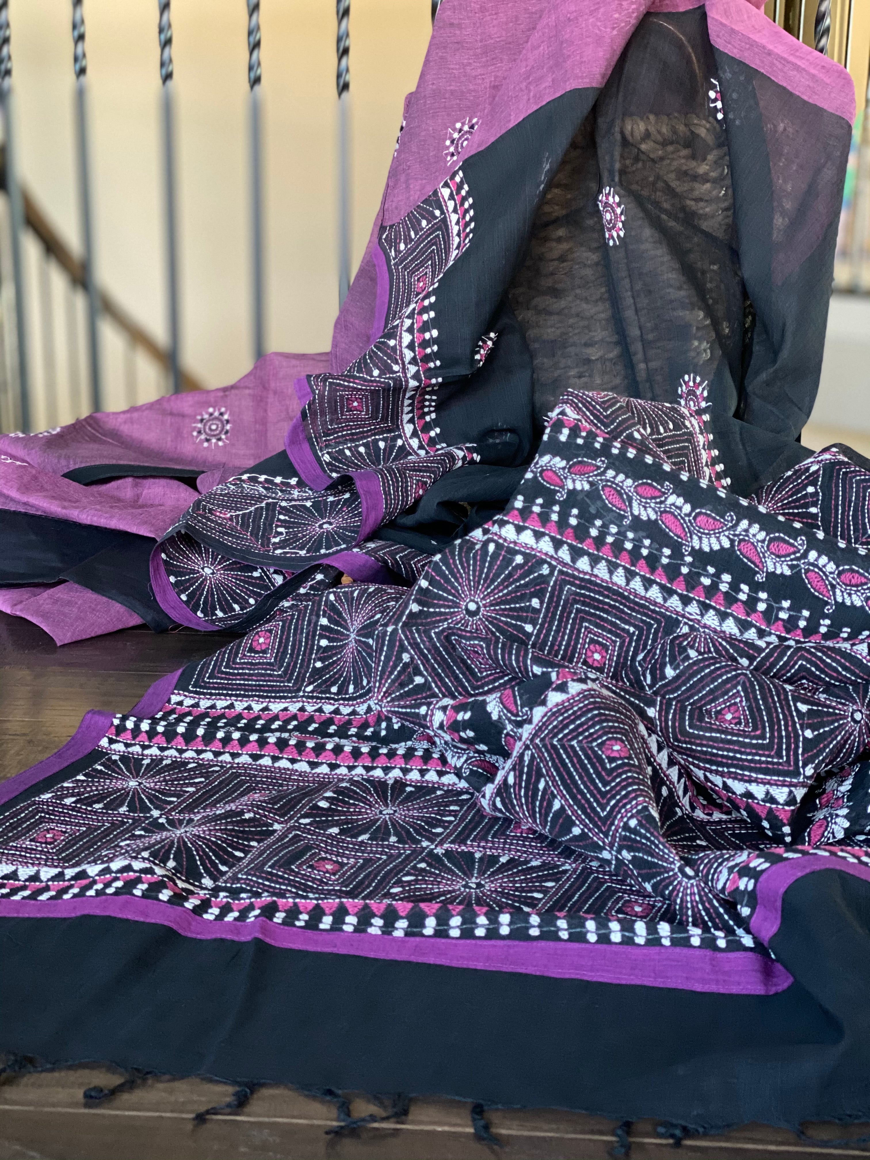 Cotton Kantha Stitch -  Mauve Purple Black Half Half
