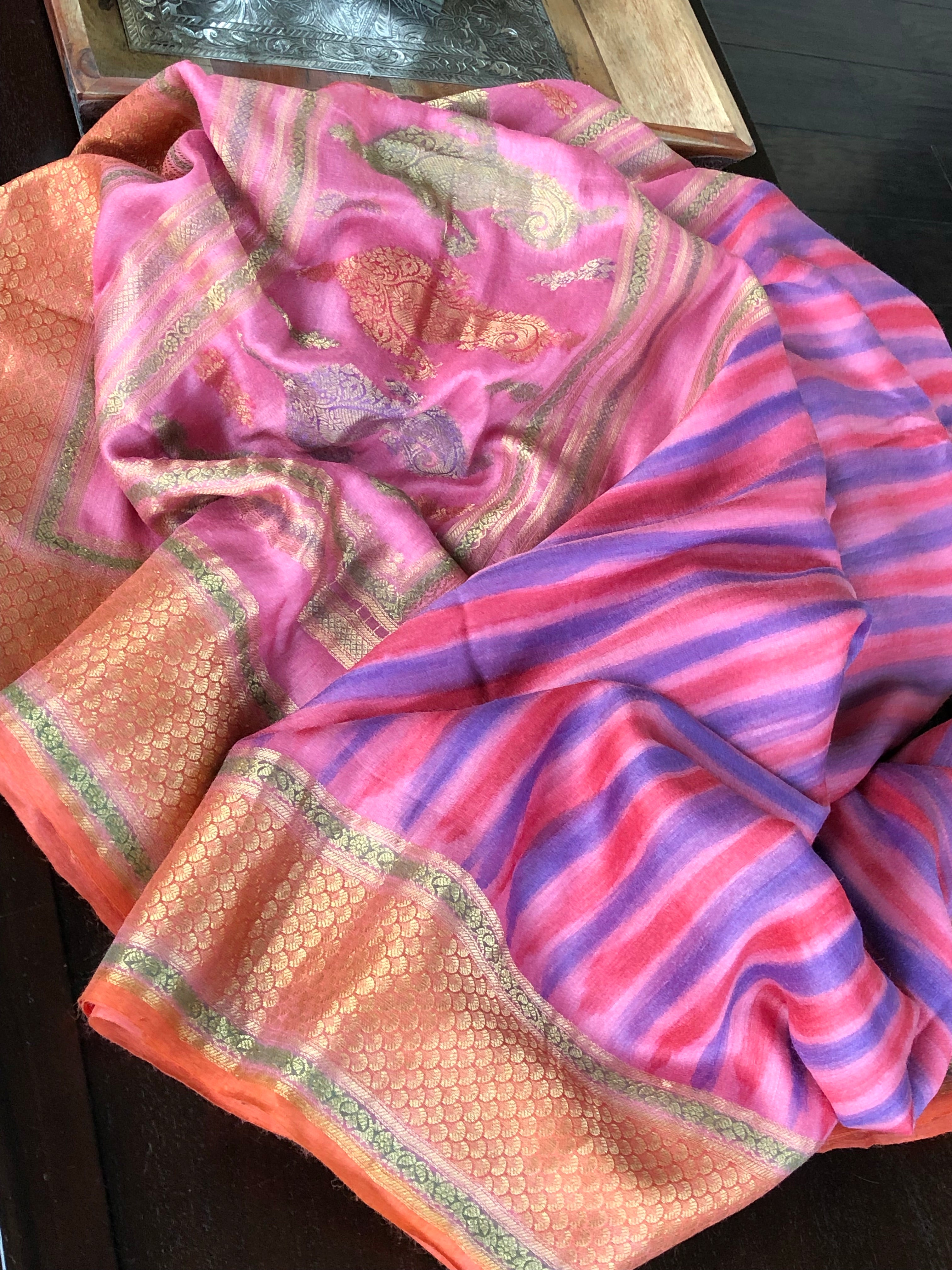 Muga Silk Banarasi - Pink Purplish Blue Tie Dye