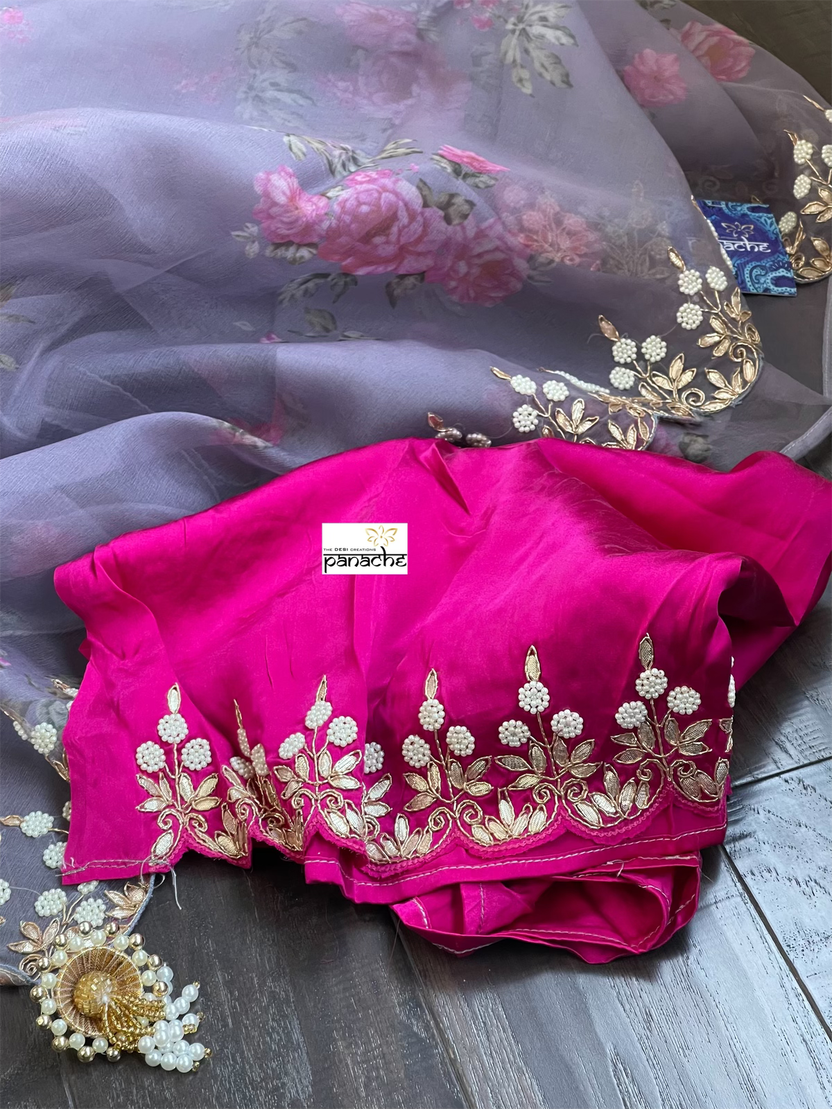Designer Organza Floral - Bluish Grey Handwork Border