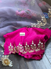 Designer Organza Floral - Bluish Grey Handwork Border