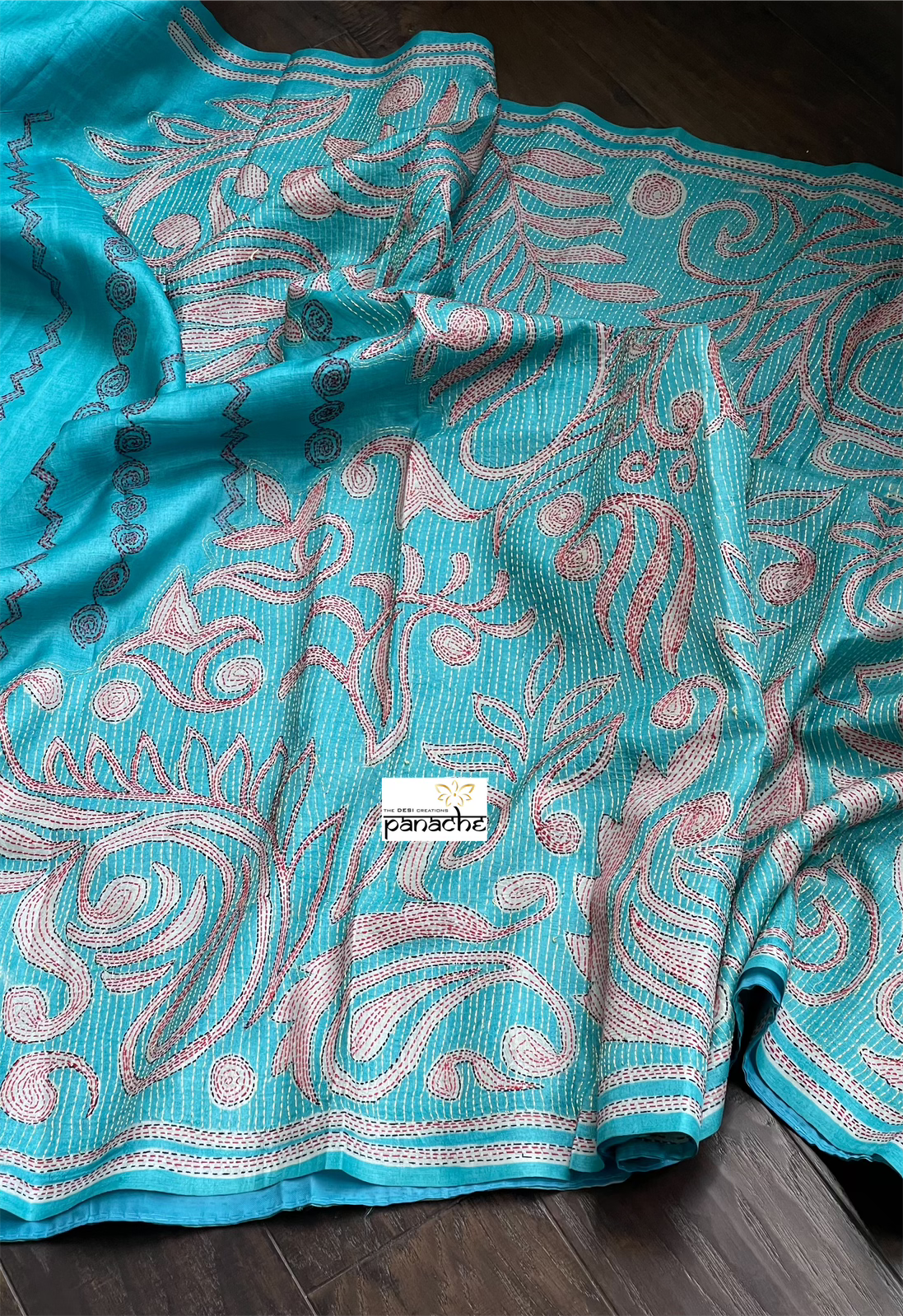 Tussar Silk Kantha Stitch -  Firozi