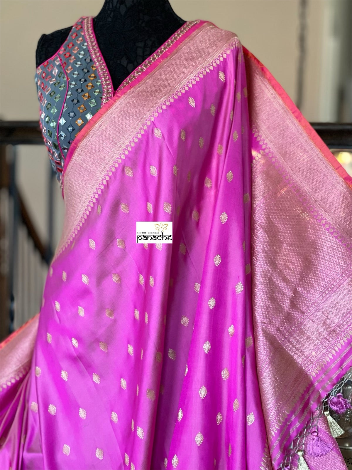 Pure Silk Iktara Banarasi - Pink Antique Golden Zari
