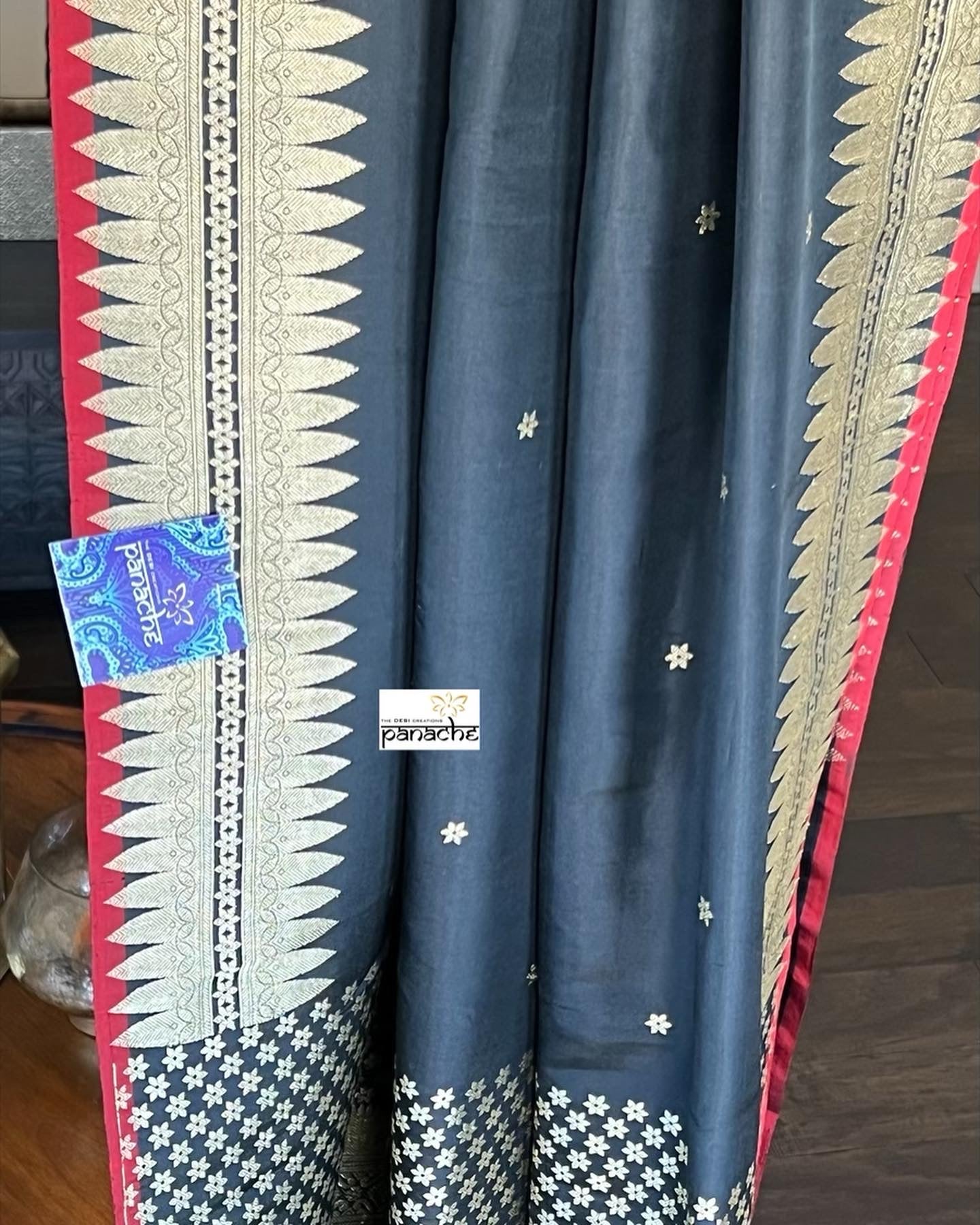 Katan Silk Banarasi - Black Red Kadwa