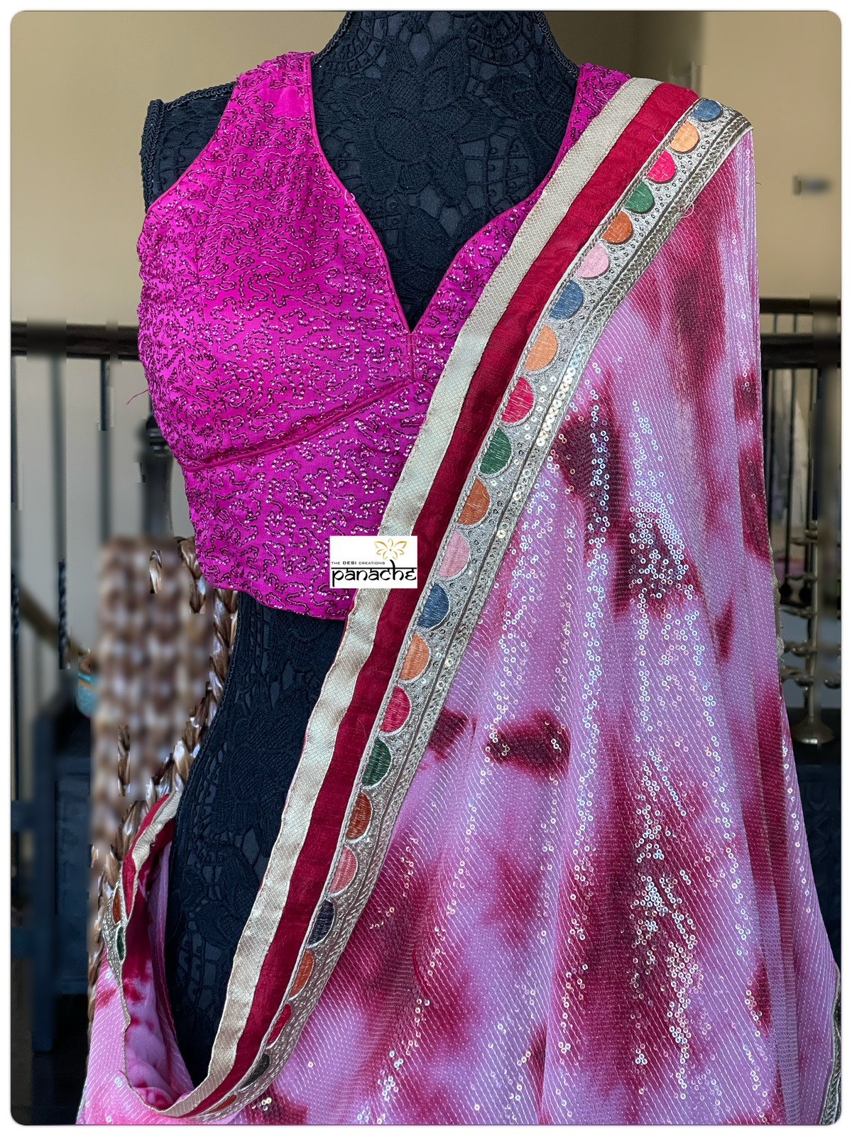 Designer Georgette Sequin Saree - Pink Raspberry red Tie Dye