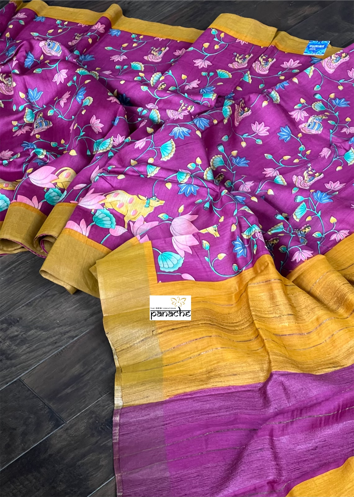 Muga Silk Pichwai Printed - Purple Ochre Yellow