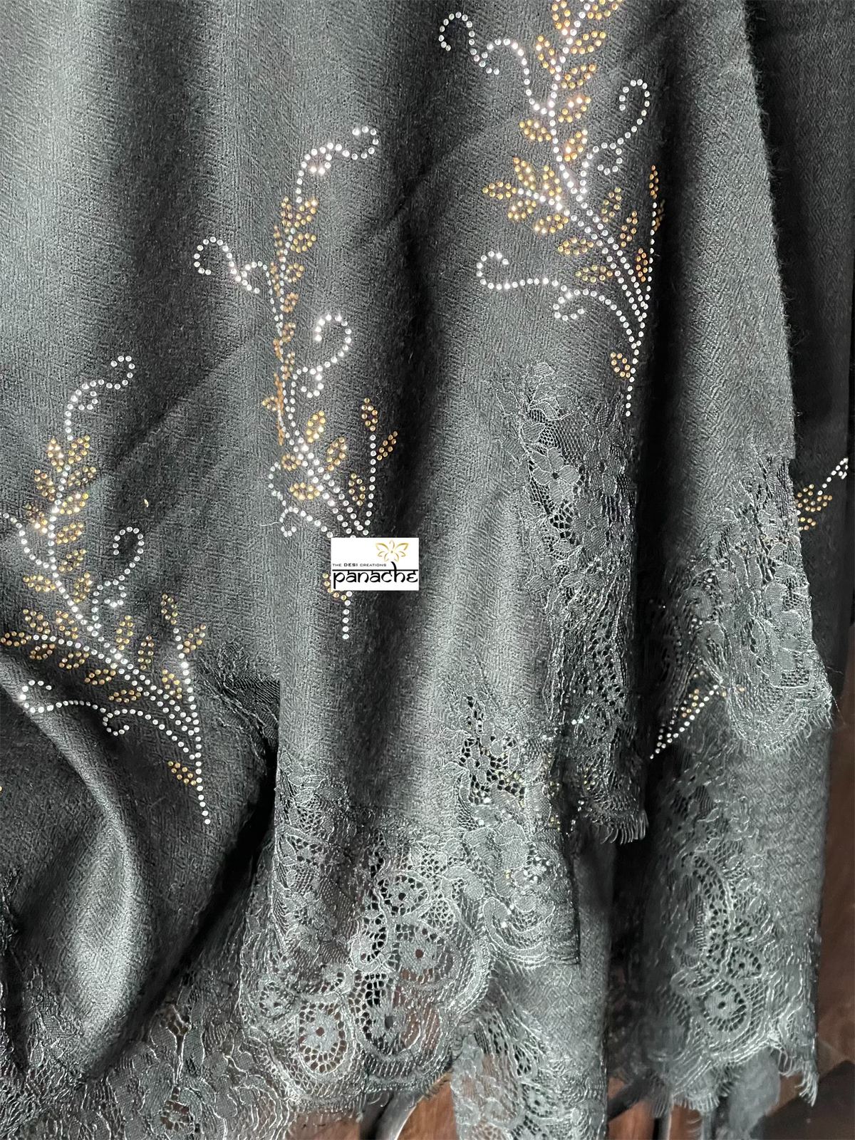 Kashmiri Stone Lace Stole - Black