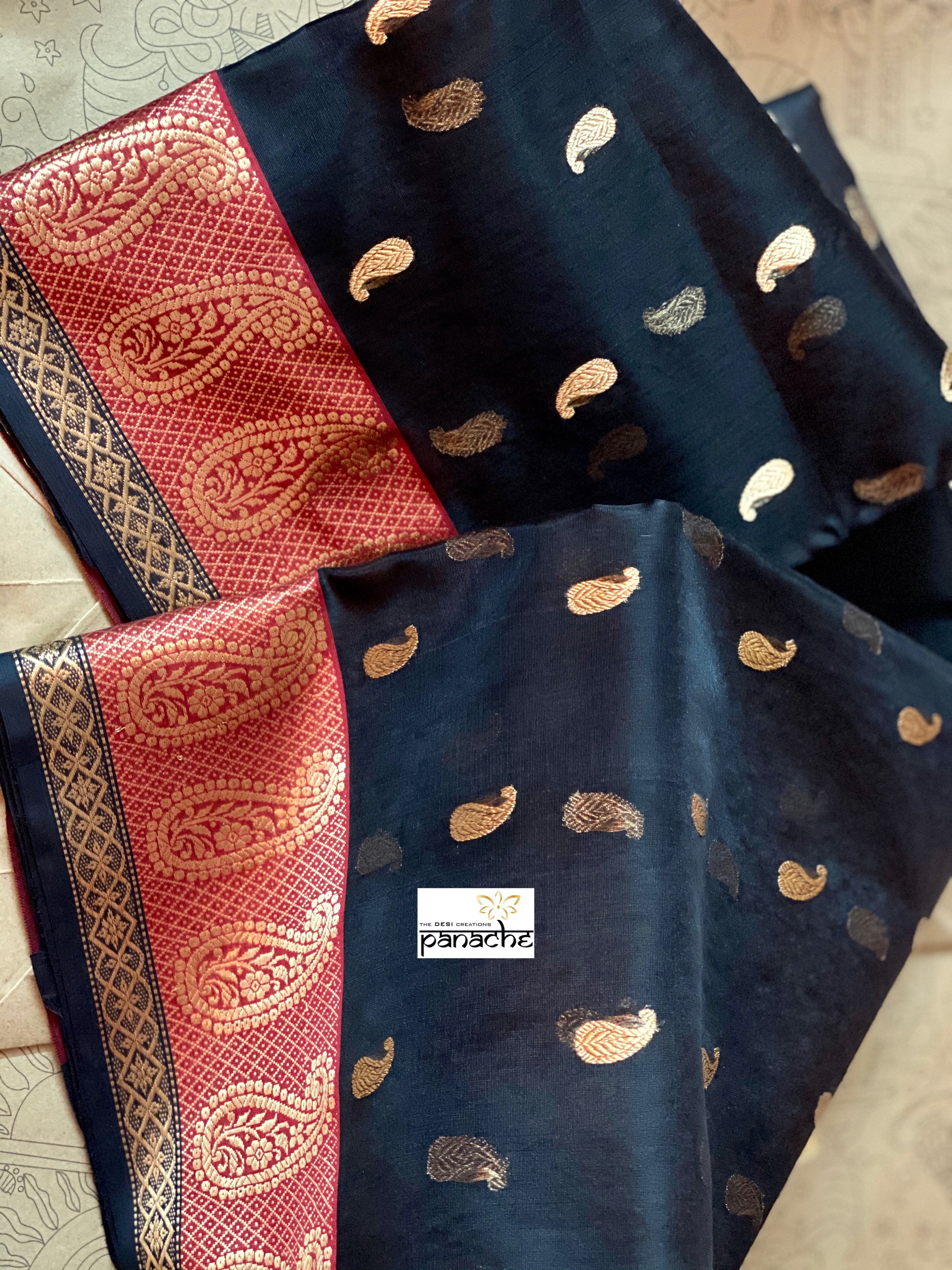 Pure Chanderi Organza Silk - Black Paisley