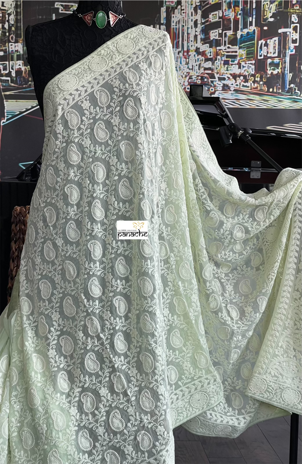 Designer Georgette Chikankari - Light Pista Paisley