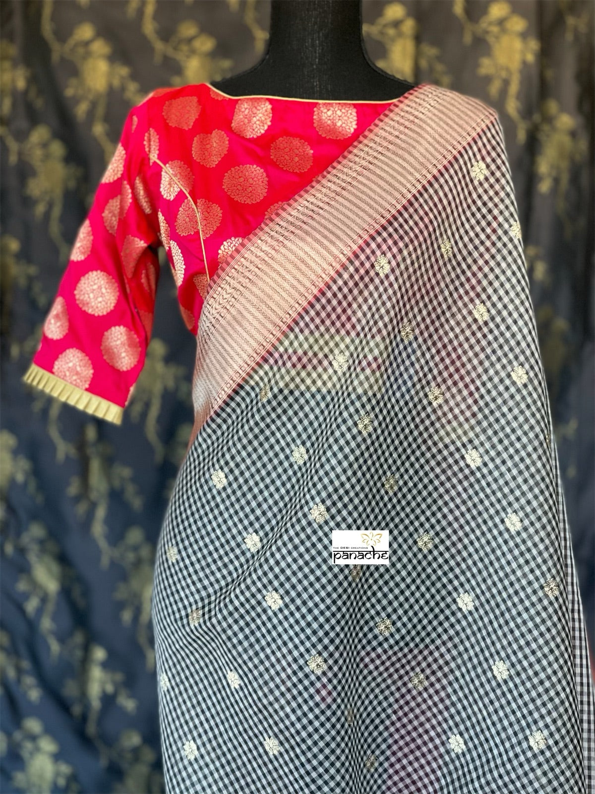 Kora Linen Silk Banarsi - Black White Checks Pink