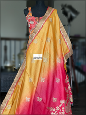 Designer Tussar Silk - Golden Yellow Raspberry Red
