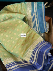 Organza Katan Silk Banarasi -  Pista Green Blue Kadwa