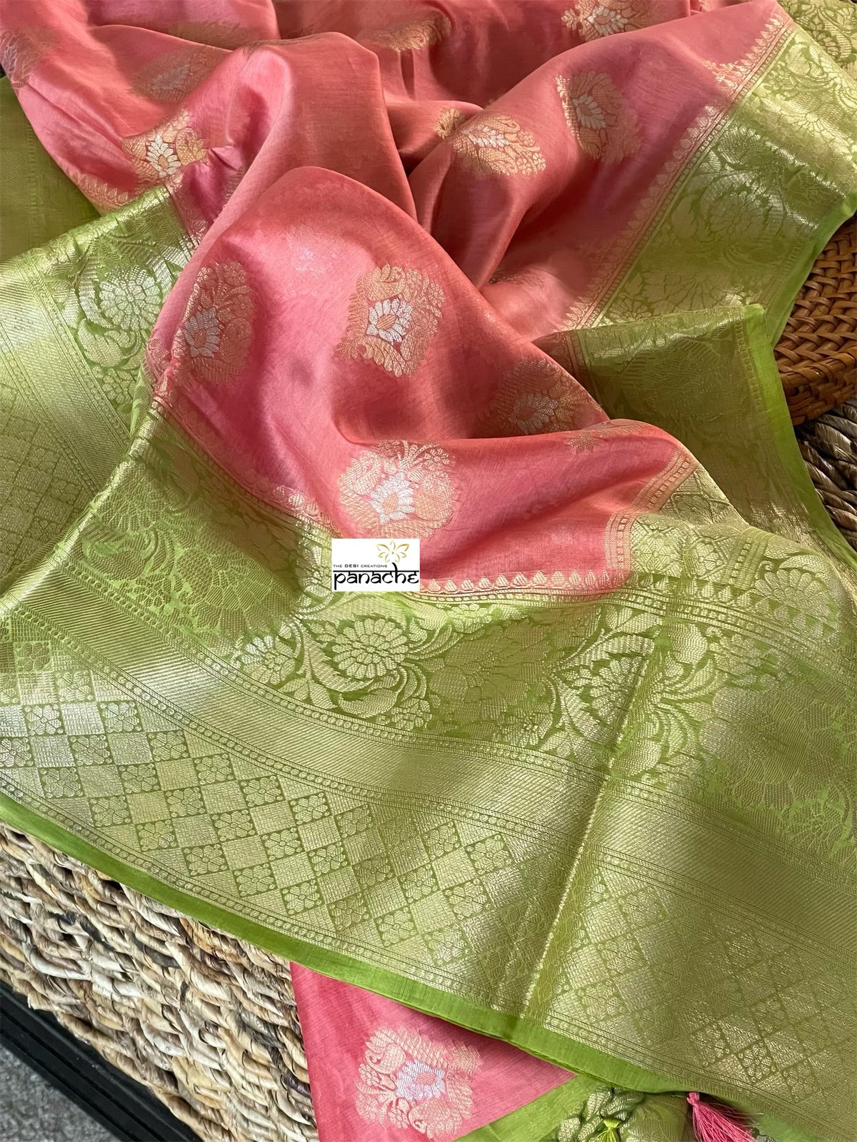 Mulmul Tissue Cotton Banarasi - Pink Green Golden Zari