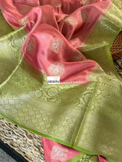 Mulmul Tissue Cotton Banarasi - Pink Green Golden Zari
