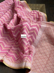 Kora Cotton Chanderi Banarasi - Pink Paithani Border