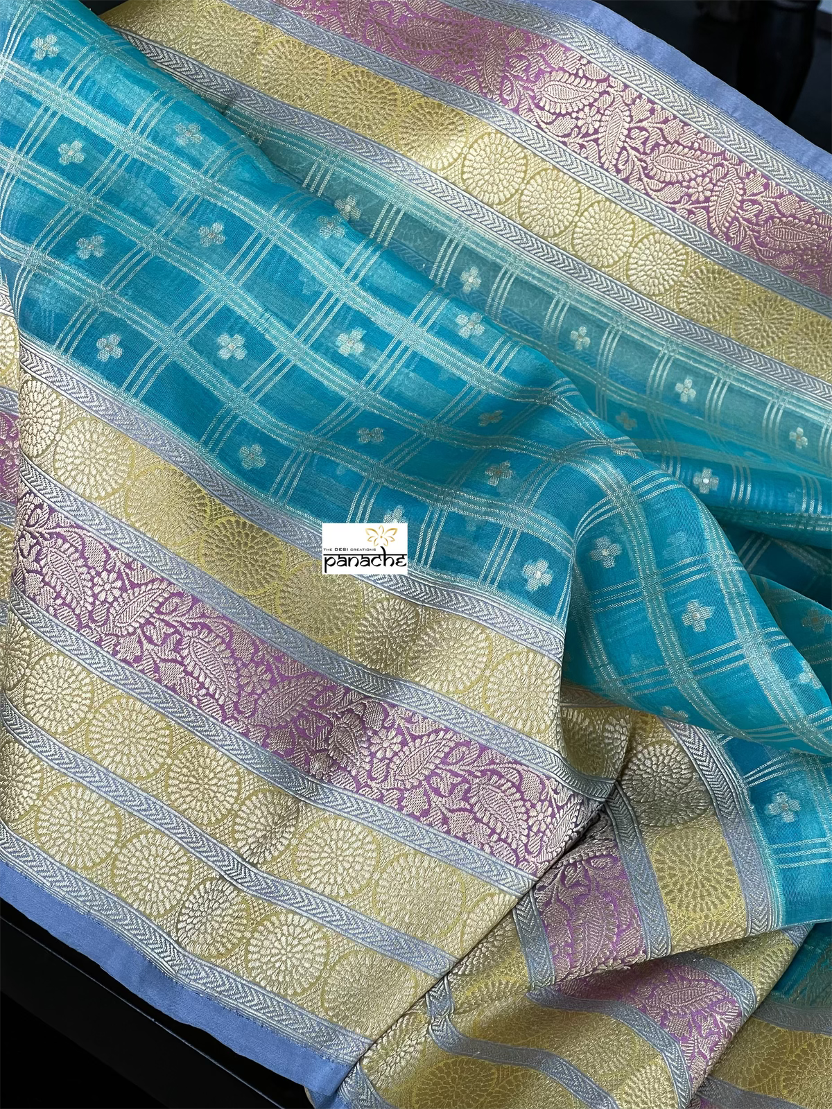 Organza Silk Banarasi - Blue Checkered