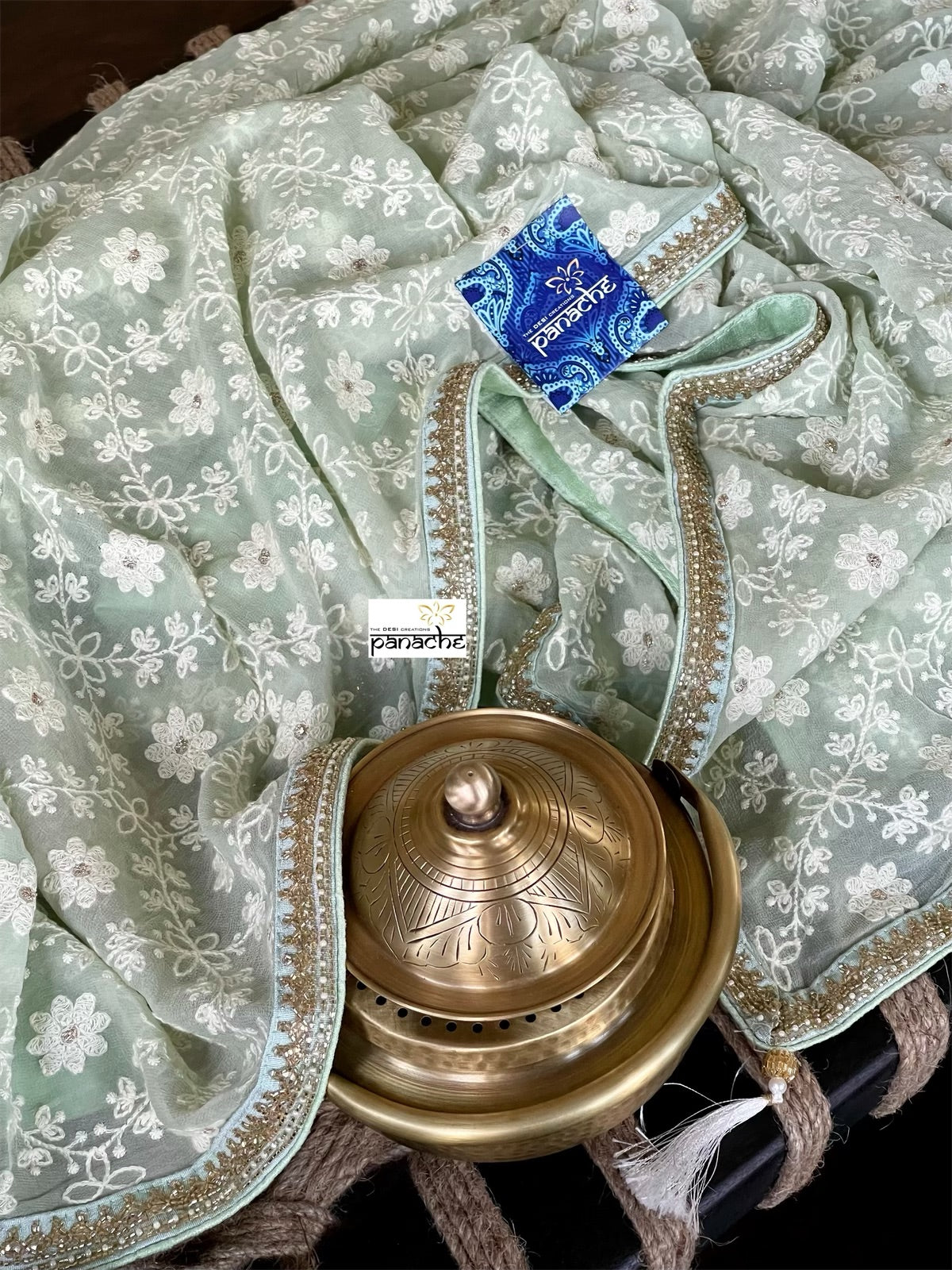 Designer Georgette Chikankari - Pista Green