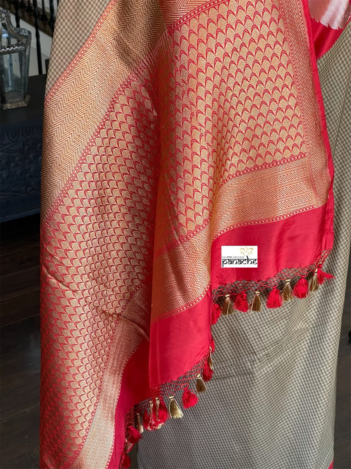 Pure Silk Katan Banarasi - Sage Green Grey Checks Kadwa Paisley