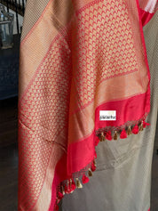 Pure Silk Katan Banarasi - Sage Green Grey Checks Kadwa Paisley