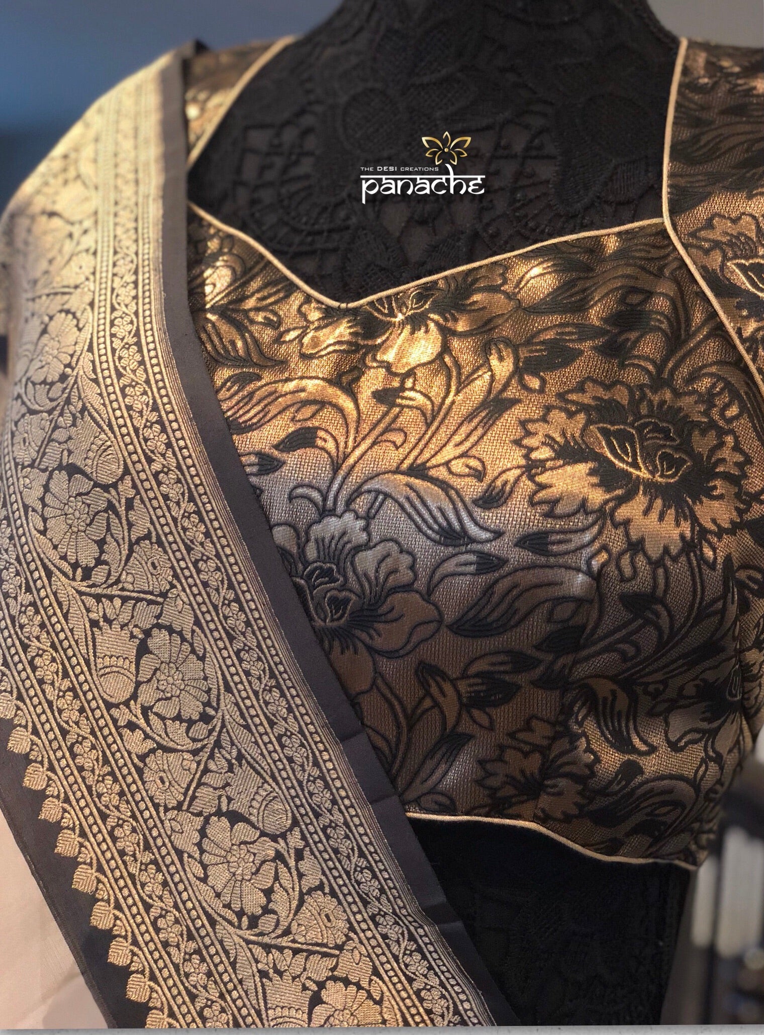 Designer Blouse - Black Zari Jangla woven