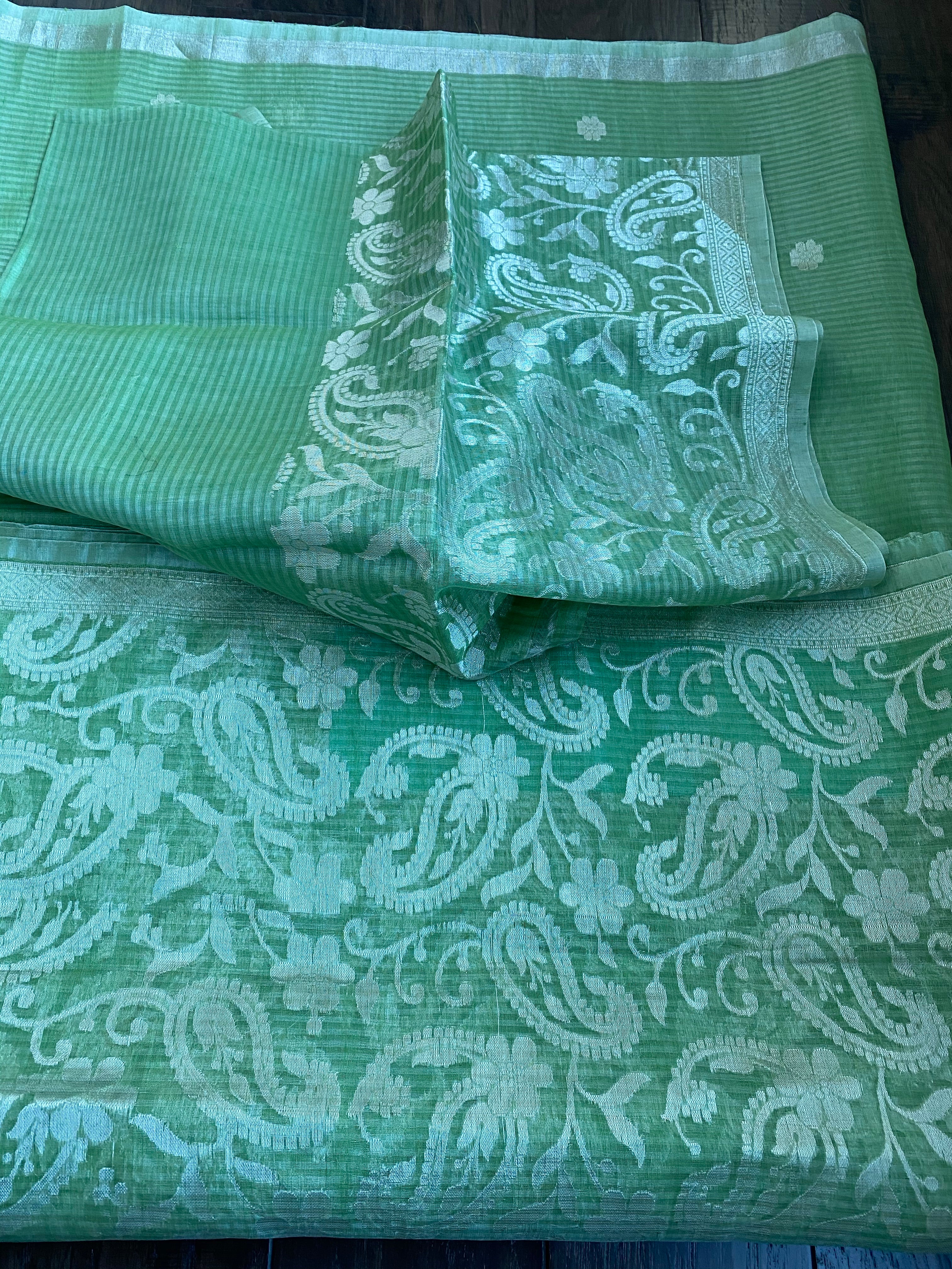 Linen Silk Banarsi - Pista Green Silver Zari