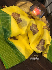 Linen Silk Banarasi - Yellow Green Antique Lotus