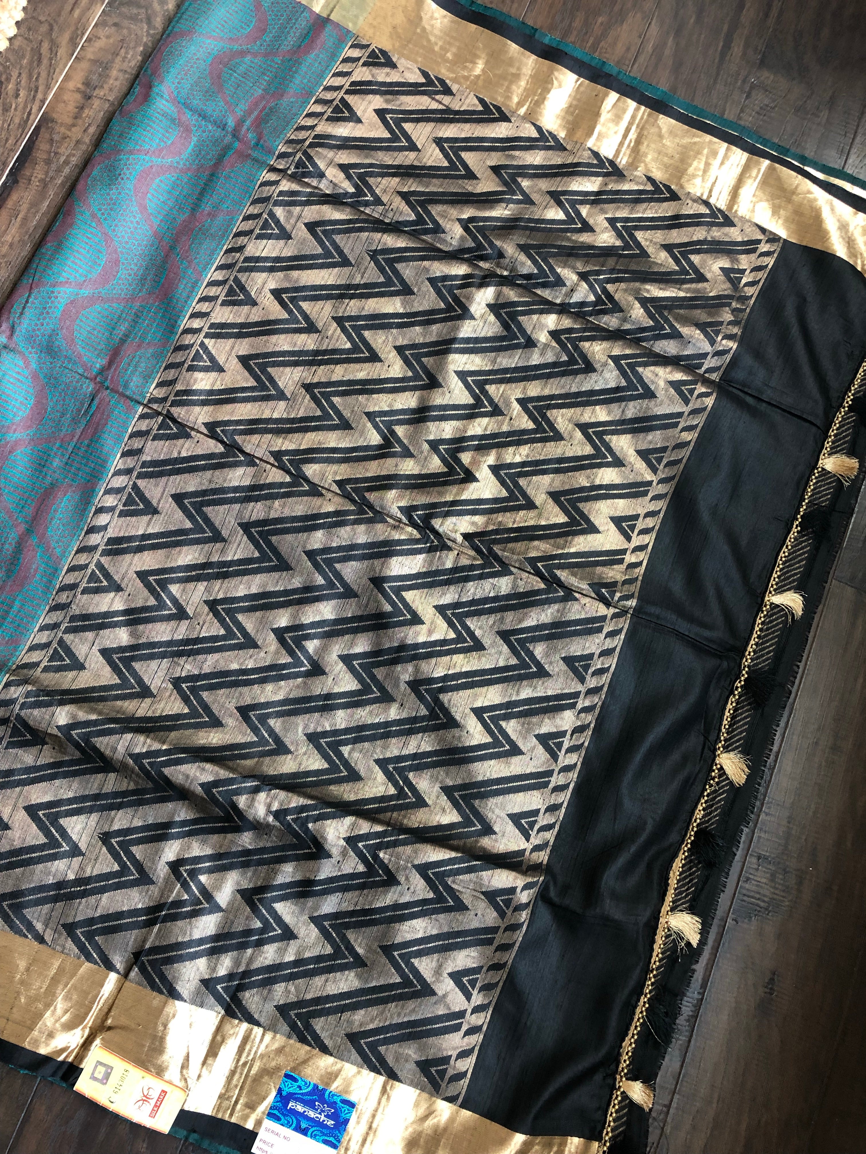 Tussar Silk Banarasi - Black Teal Woven