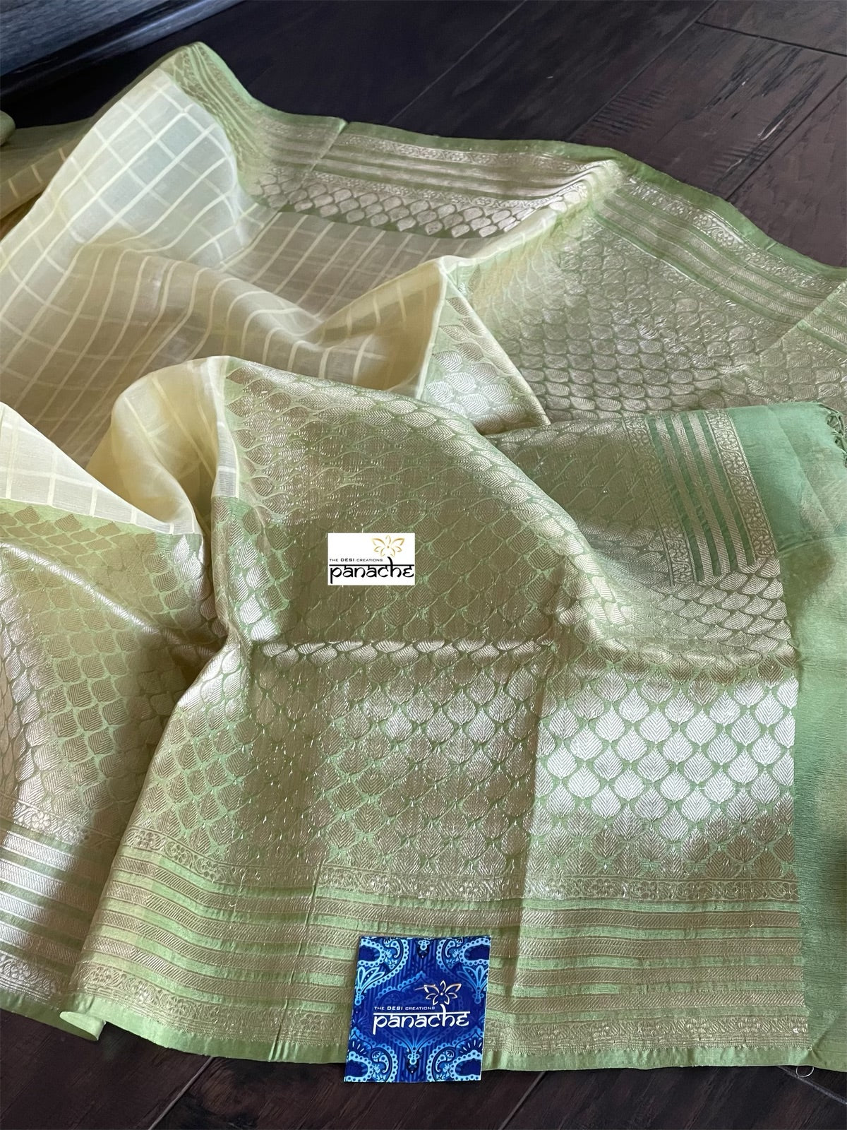 Organza Silk Banarasi - Light Lemon Yellow Green Kadwa woven
