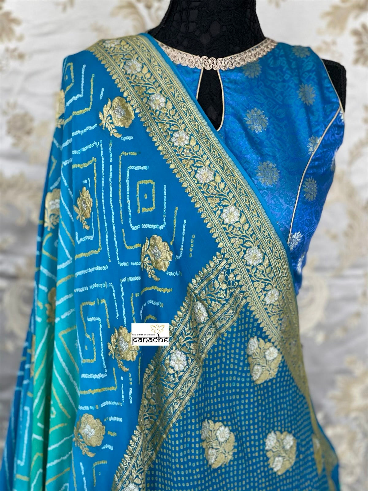 Bandhej Khaddi Georgette Banarasi - Firozi Sea Green Kadwa