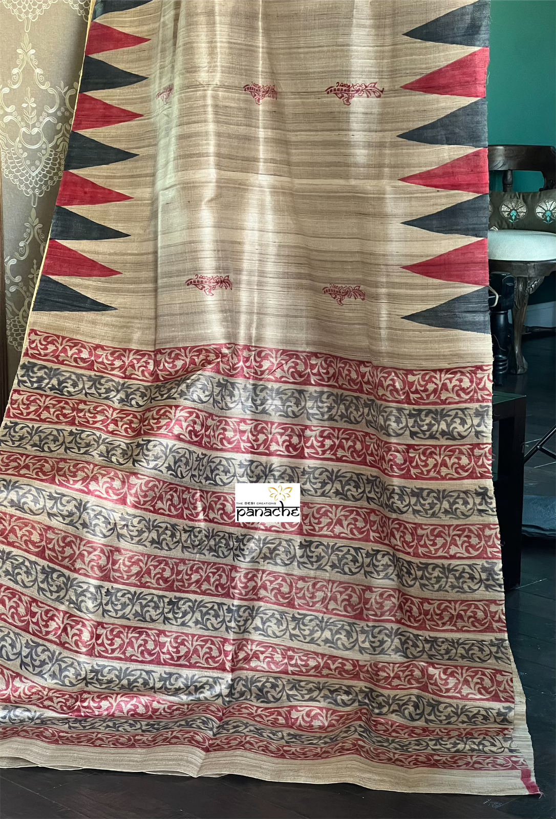 Gicha Tussar Silk Printed - Beige Red Black