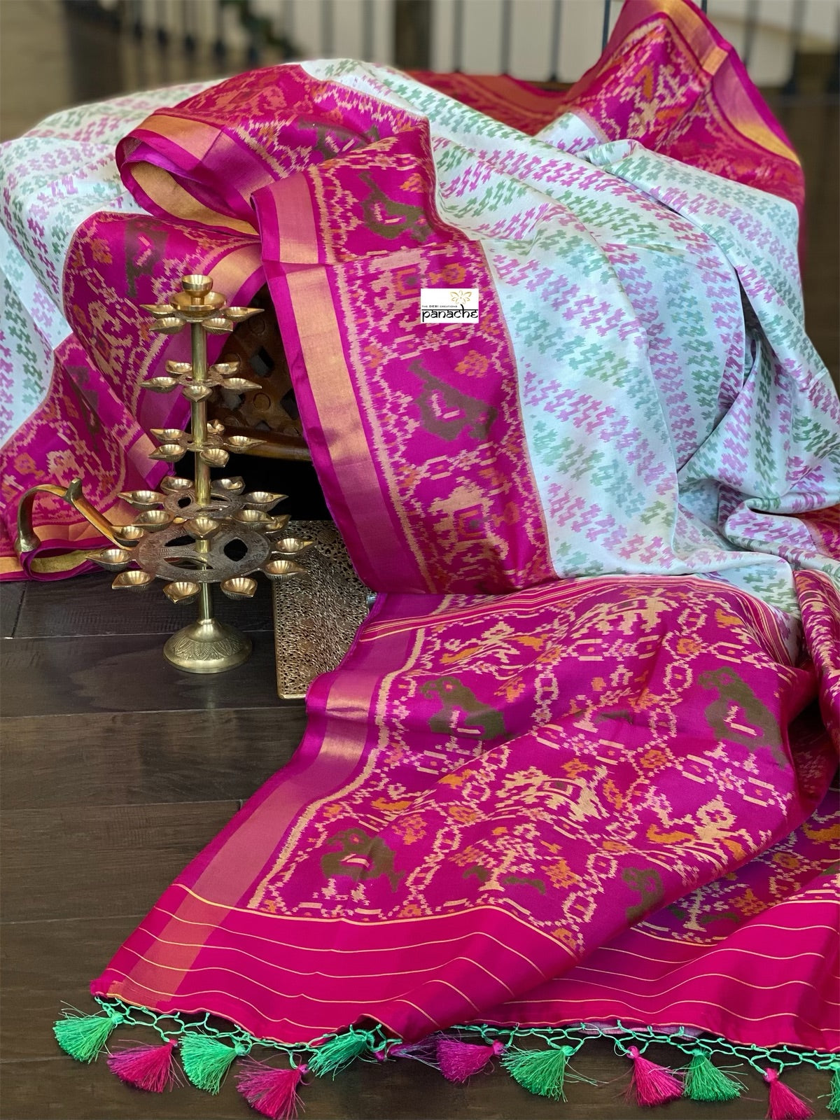 Pure Silk Ikat -  Offwhite Green Magenta