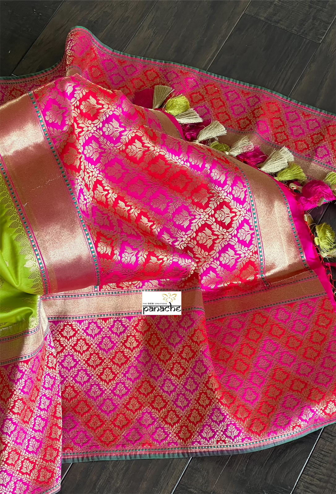 Soft Silk Banarasi - Lime Green Magenta Antique Golden Zari