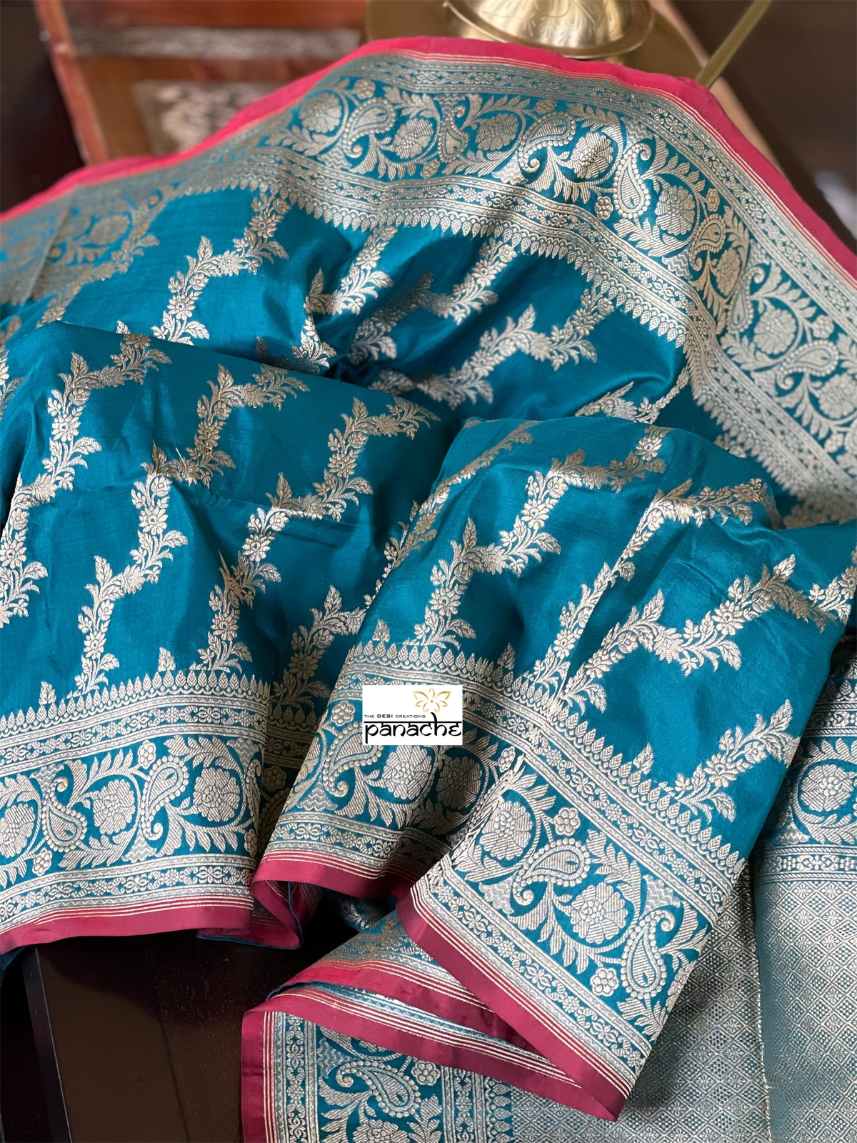 Katan Silk Leheriya Banarasi - Teal Blue Antique Zari